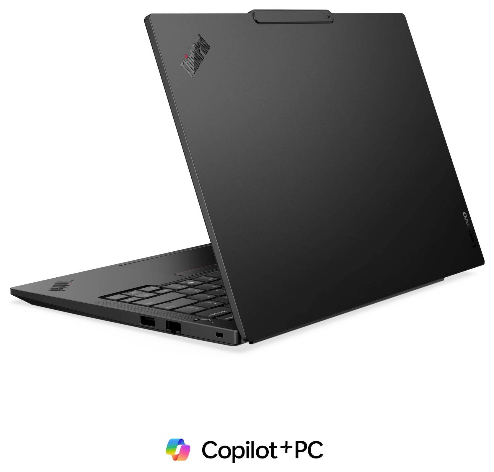 Schwarzer Lenovo ThinkPad-Laptop in Dreiviertelsicht geöffnet mit „Copilot+ PC"-Logo darunter.