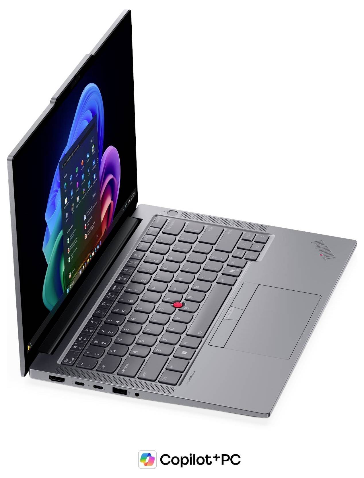 Silberner ThinkPad-Laptop, in einem Winkel geöffnet mit Windows-Desktop auf dem Bildschirm und „Copilot+PC"-Logo darunter.