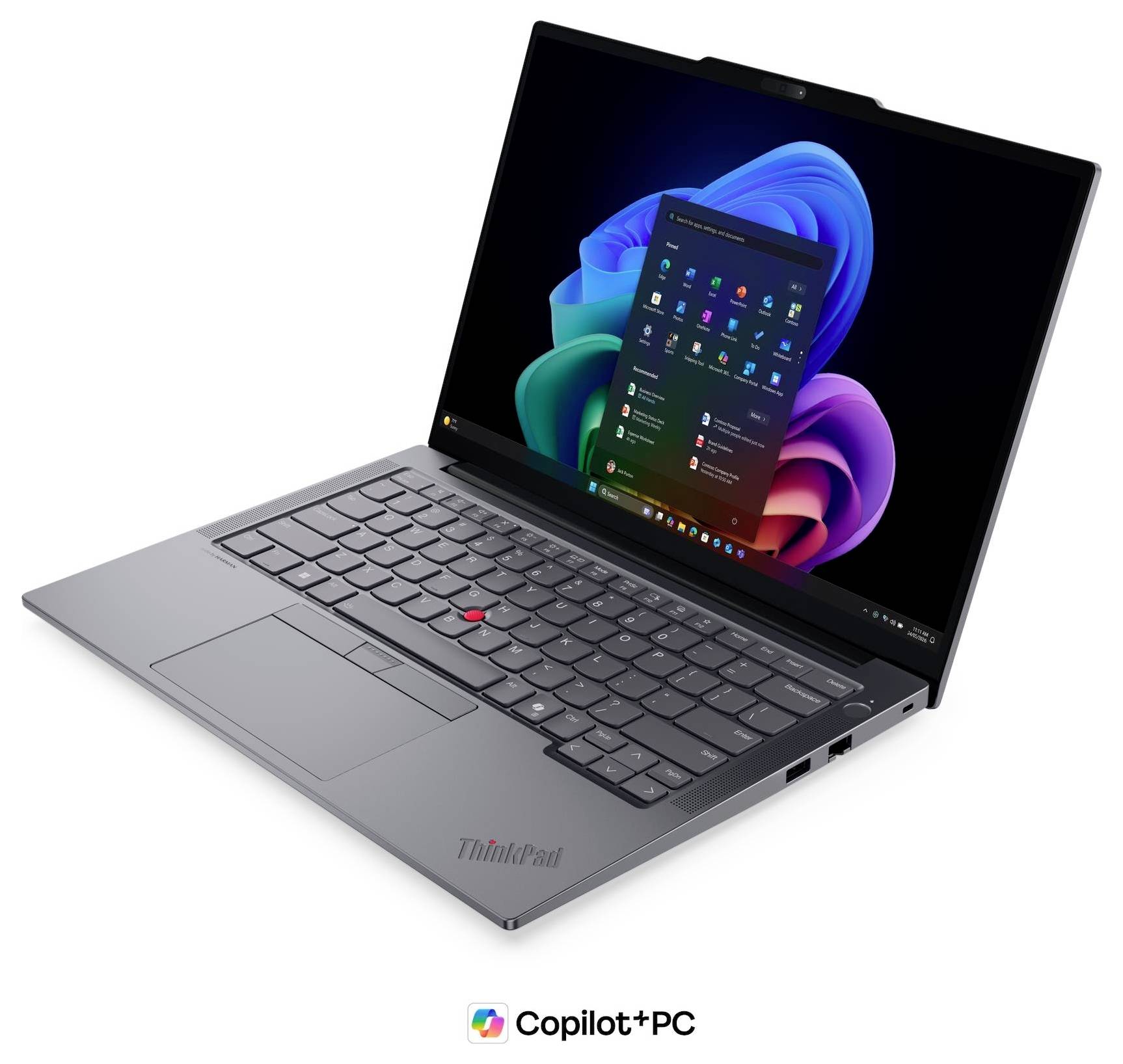 Grauer Lenovo ThinkPad Laptop, geöffnet mit Windows 11 auf dem Bildschirm und einem Copilot+ PC Logo darunter.