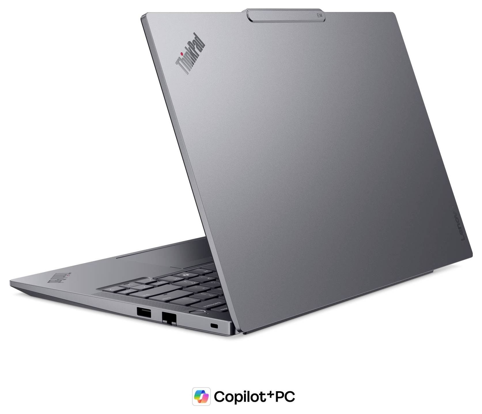 Silberner ThinkPad-Laptop in geschlossenem Zustand in Schrägansicht auf weißem Hintergrund, mit „Copilot+PC"-Branding darunter.