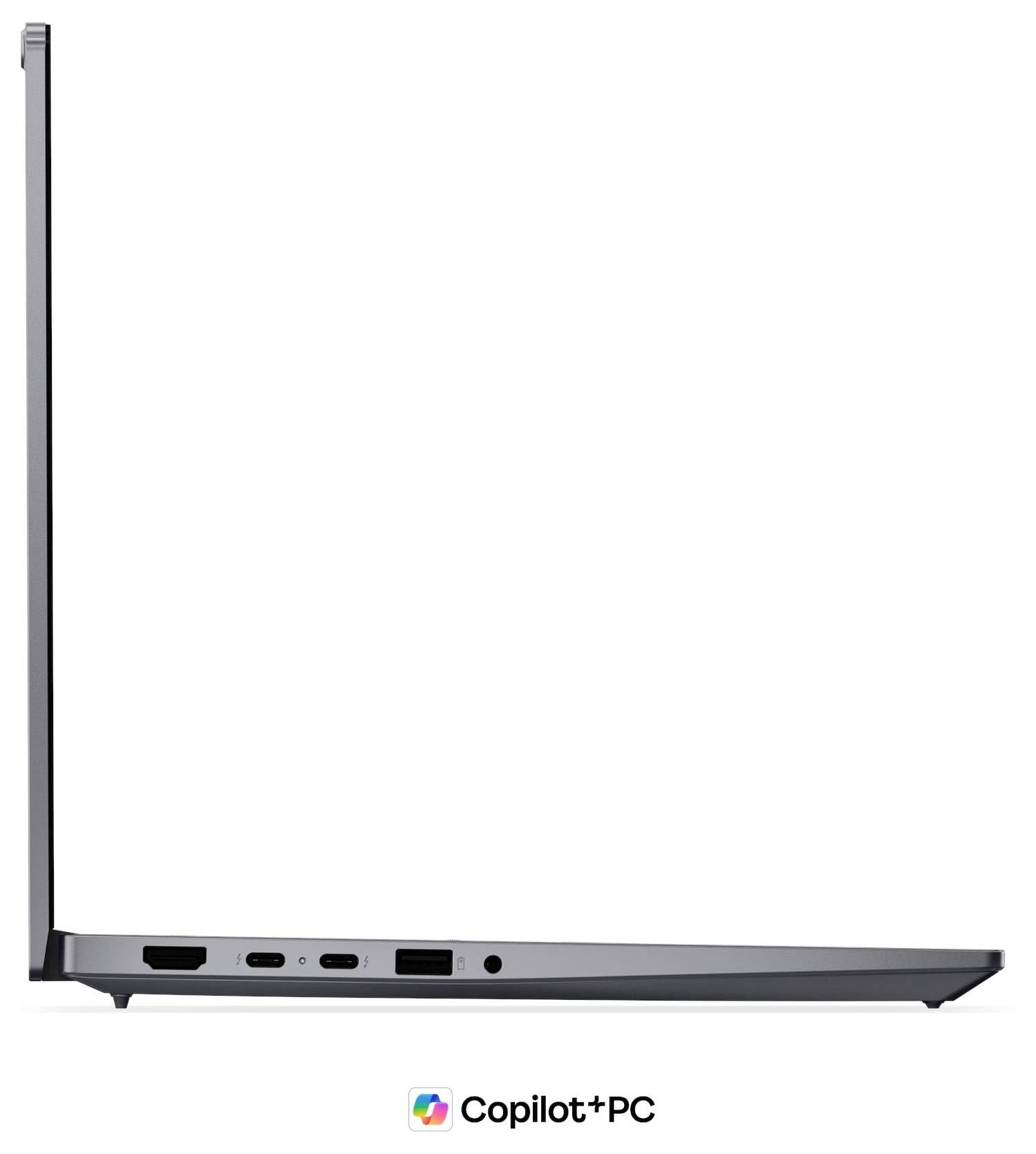 Seitenansicht eines dünnen schwarzen Laptops, halb geöffnet, mit farbenfrohem Bildschirmglanz und dem Logo "Copilot+PC" darunter.