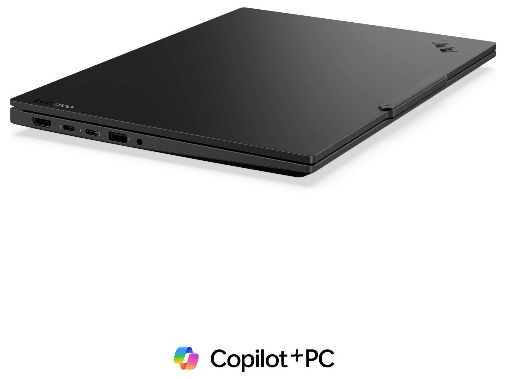 Ein ThinkPad-Laptop, der eine holografische KI-Schnittstelle mit schwebenden Fenstern und einem leuchtenden Prozessor-Chip oberhalb der Tastatur anzeigt.