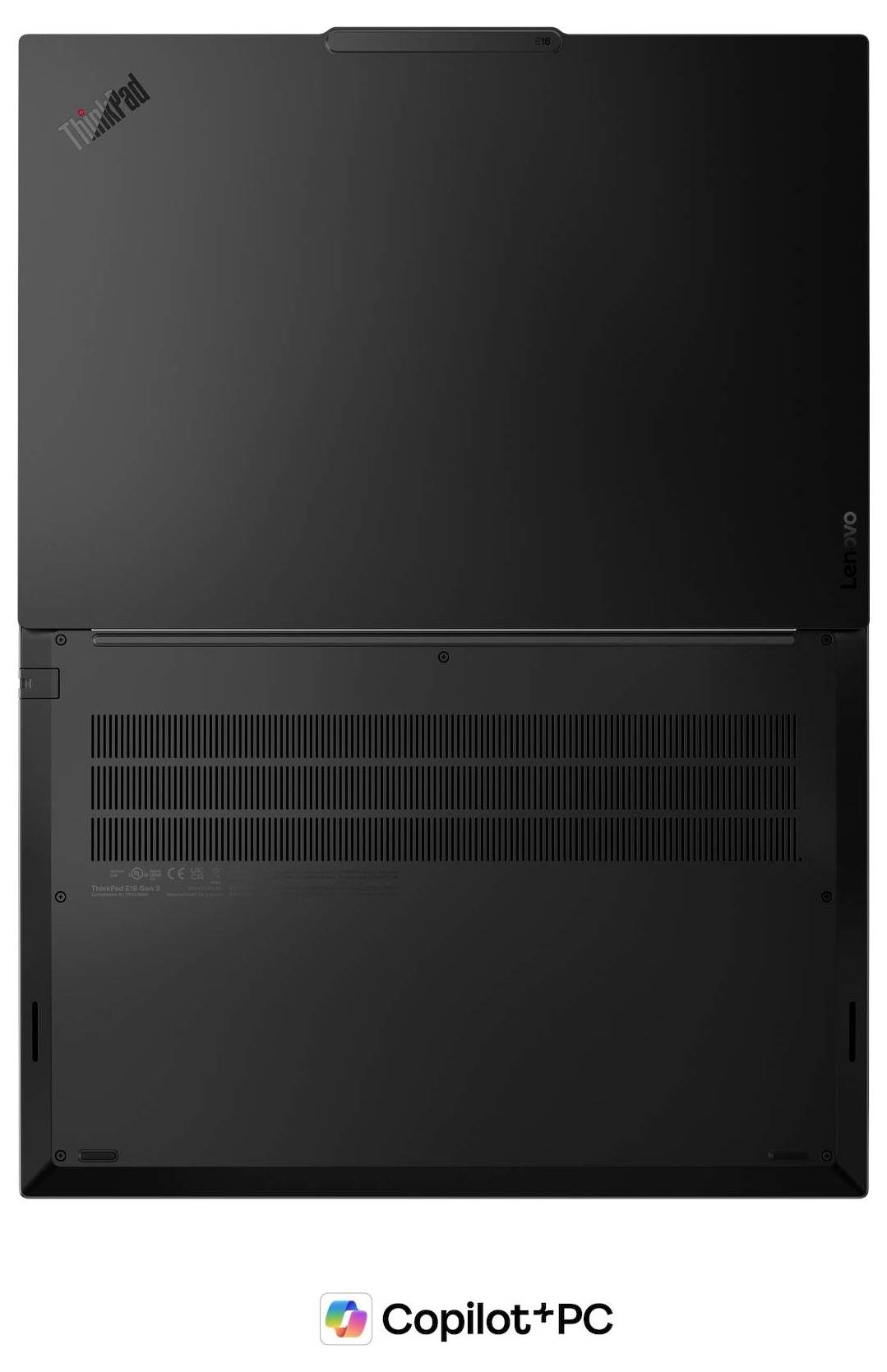 Unteransicht eines schwarzen Lenovo ThinkPad Laptops mit Lüftungsgittern und einem "Copilot+ PC"-Etikett darunter.