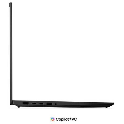 Rückansicht eines schwarzen Lenovo ThinkPad-Laptops mit Lüftungsgitter und „Copilot+PC"-Logo darunter.