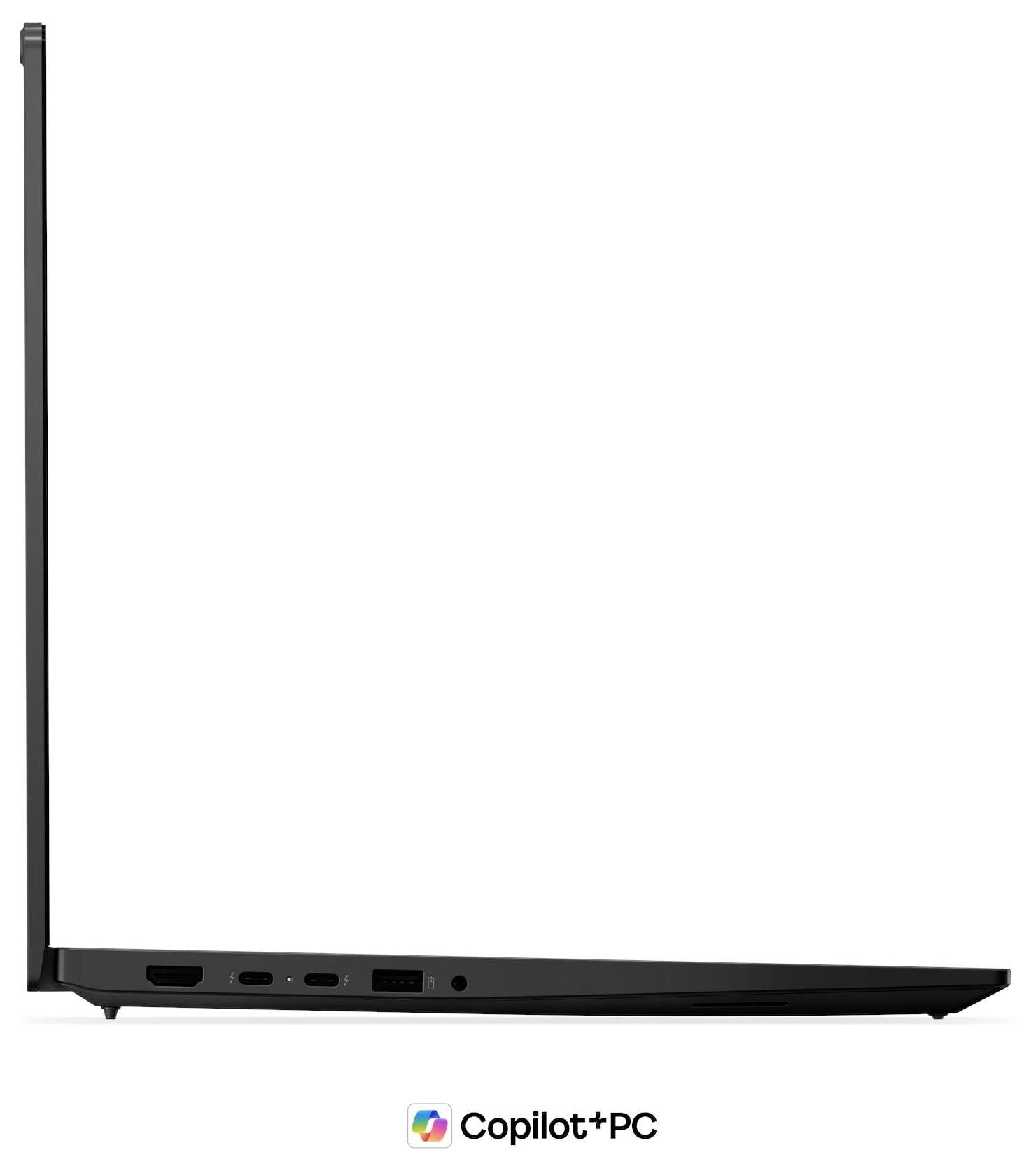 Minimalistischer Laptop mit einer fast vollständigen Bildschirmanzeige mit dünnen Rändern, schwarzer Tastaturbasis und Copilot+PC-Logo darunter.