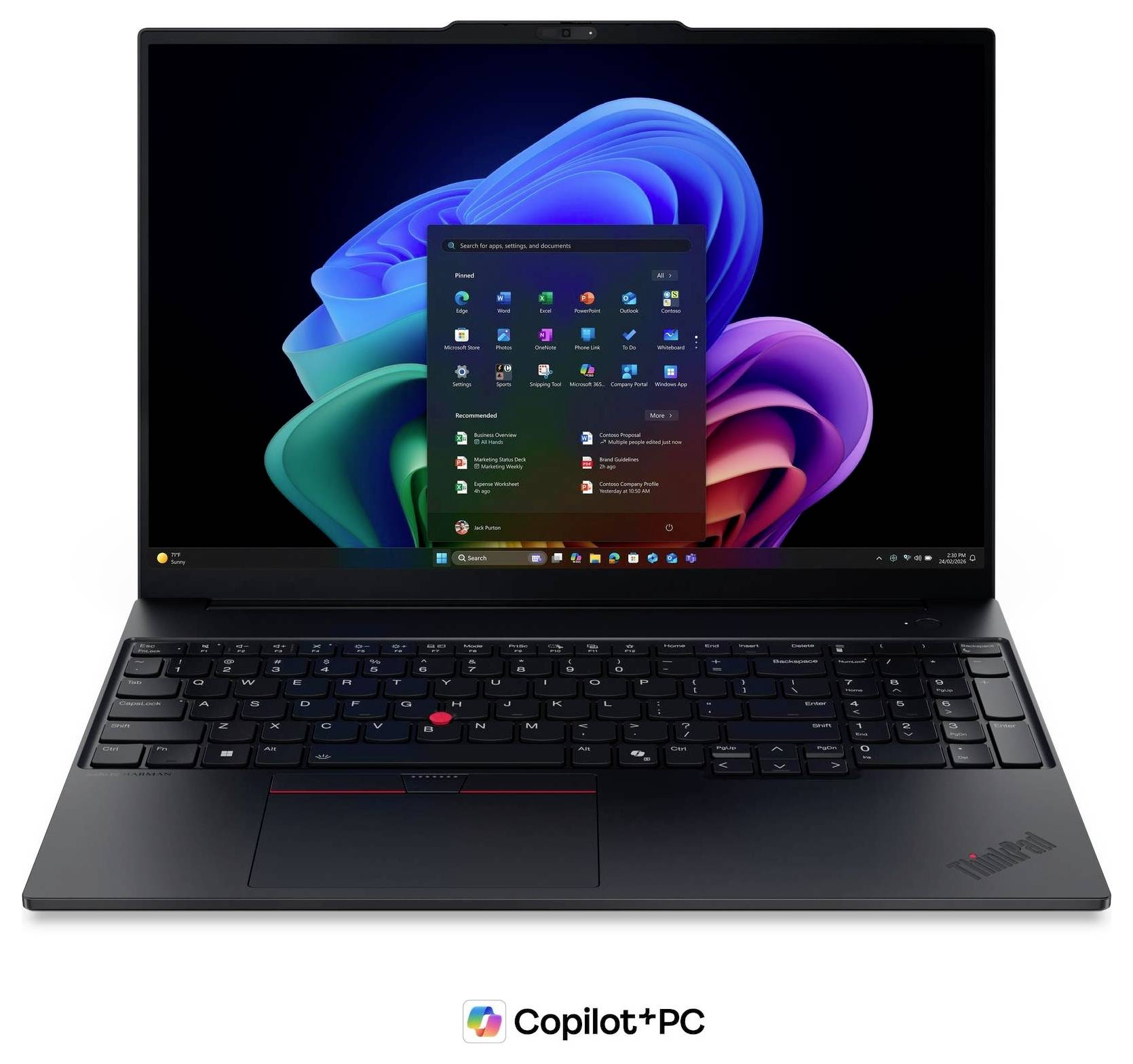 Geneigter schwarzer ThinkPad-Laptop mit offenem Bildschirm, der eine farbenfrohe abstrakte Tapete und ein „Copilot+PC"-Logo darunter zeigt.