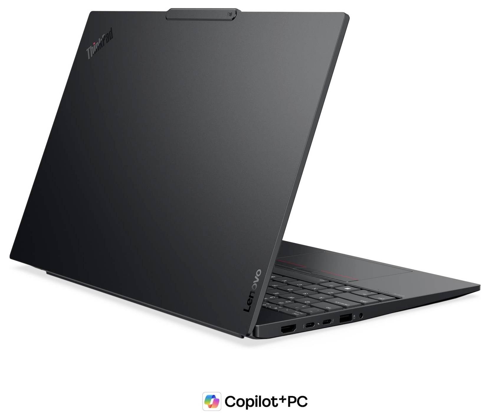 Schwarzer Lenovo-Laptop, teilweise geöffnet, auf weißem Hintergrund dargestellt, mit dem Logo "Copilot+ PC" darunter.