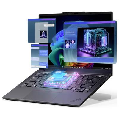 ThinkPad-Laptop mit schwebenden, durchscheinenden App-Fenstern und einem leuchtenden holografischen Chip über der Tastatur, was auf KI oder fortgeschrittenes Computing hindeutet.