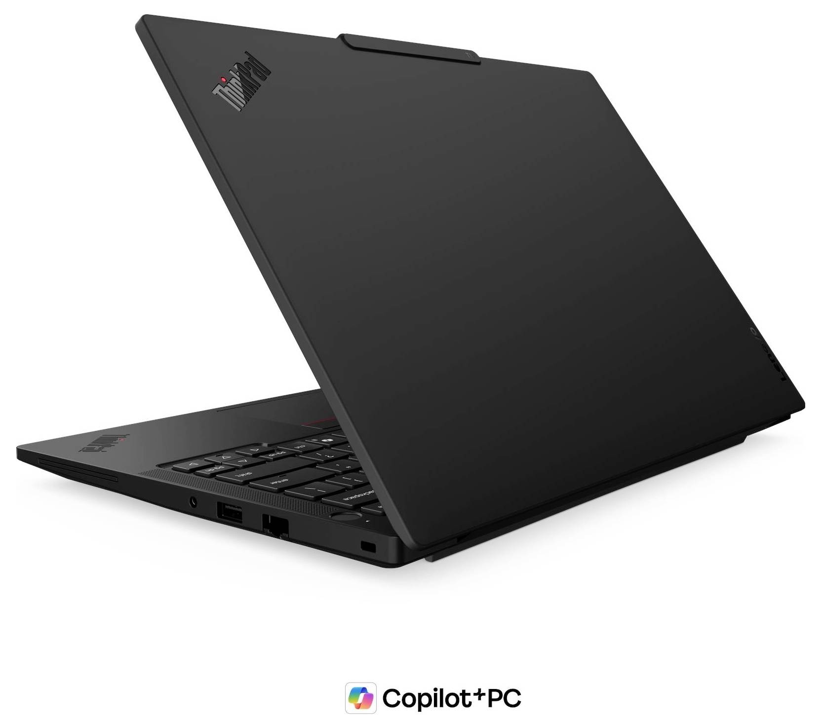 Schwarzer Copilot+ PC-Laptop in Seitenansicht mit geöffnetem Bildschirm, wobei das dünne Gehäuse und die längliche batterieähnliche Basis betont werden.