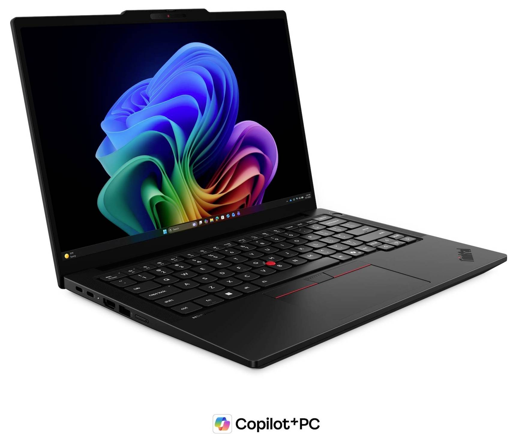 Seitenansicht eines schwarzen Laptops, die sein dünnes Profil mit Anschlüssen und dem Scharnier auf der rechten Seite zeigt.
