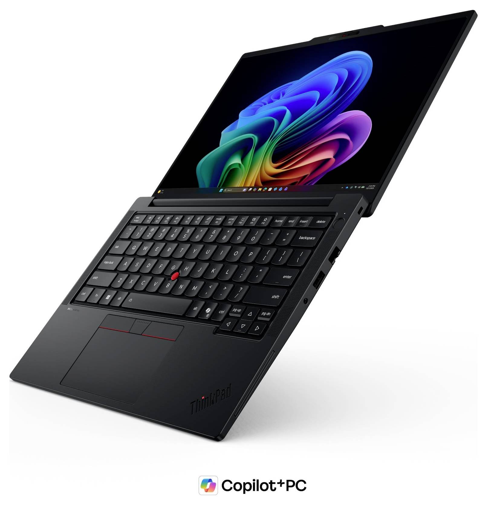 Schwarzer Lenovo ThinkPad Laptop, der in einem Winkel geöffnet angezeigt wird, mit farbenfrohem Hintergrundbild auf dem Bildschirm und "Copilot+PC"-Branding darunter.