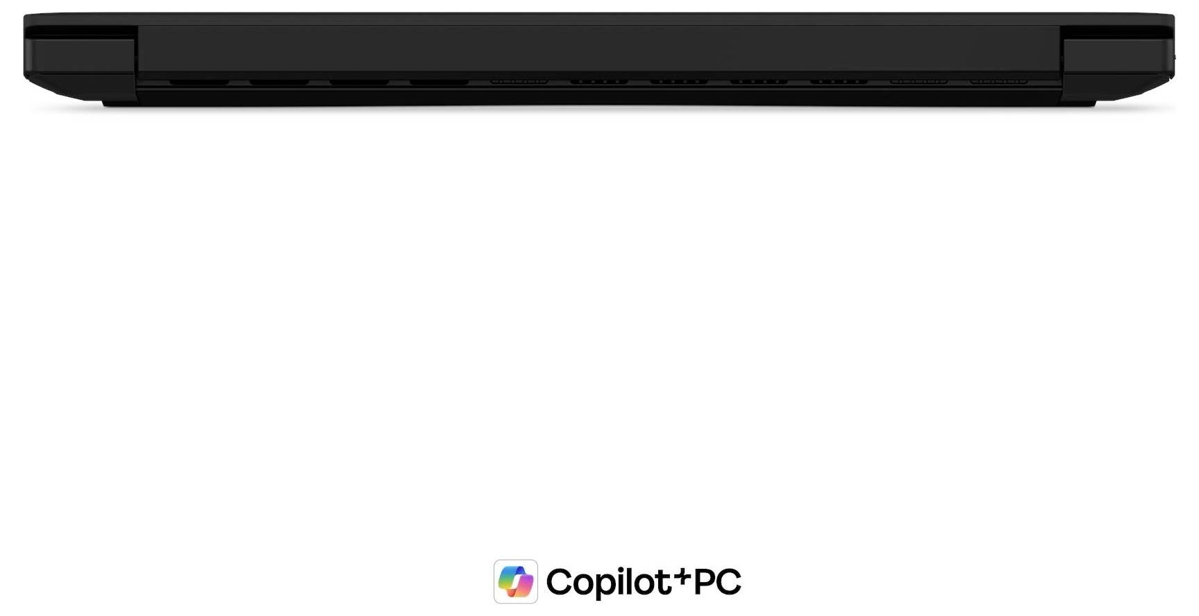 Seitenansicht eines geschlossenen schwarzen Laptops mit Copilot+ PC Logo unten auf weißem Hintergrund.