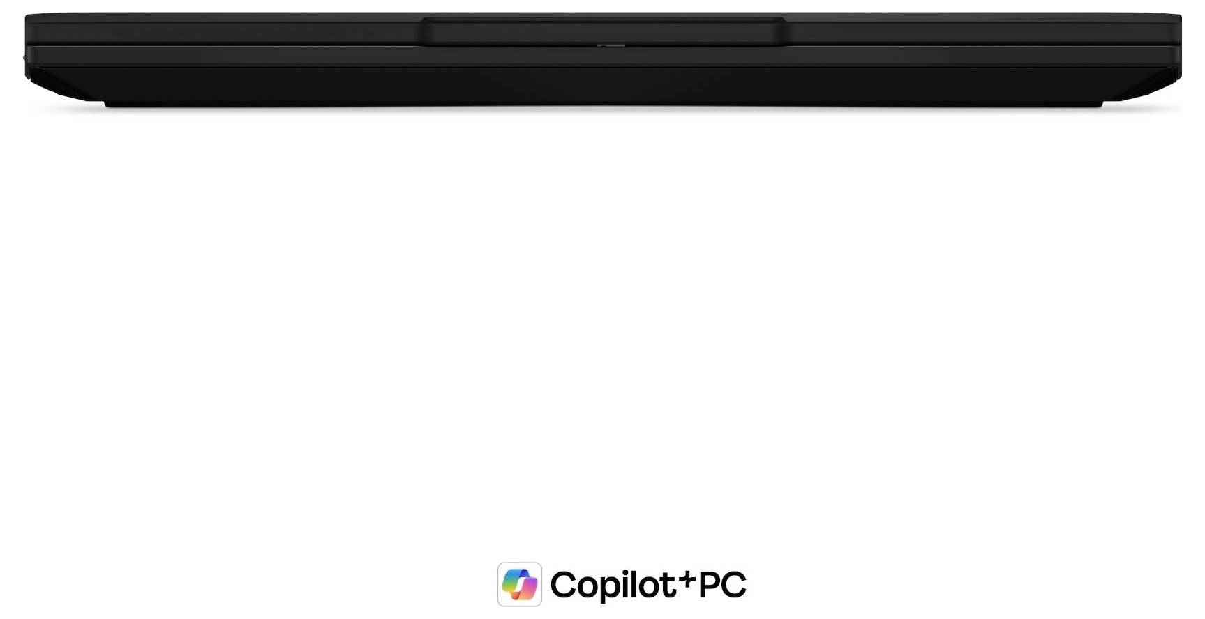 Seitenansicht eines geschlossenen schwarzen Laptops auf weißem Hintergrund, mit dem Copilot+ PC-Logo mittig darunter.