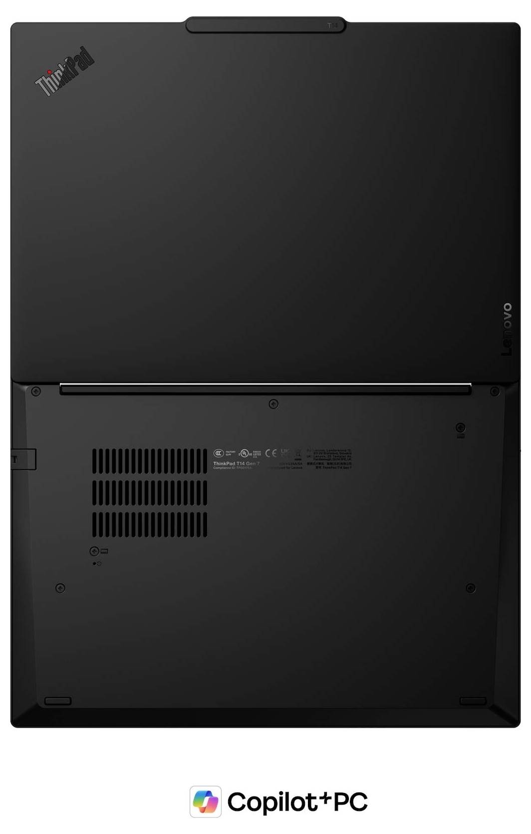 Laptop mit Windows 11 auf dem Bildschirm, ThinkPad-Tastatur im Stil mit rotem TrackPoint und „Copilot+ PC"-Branding darunter.