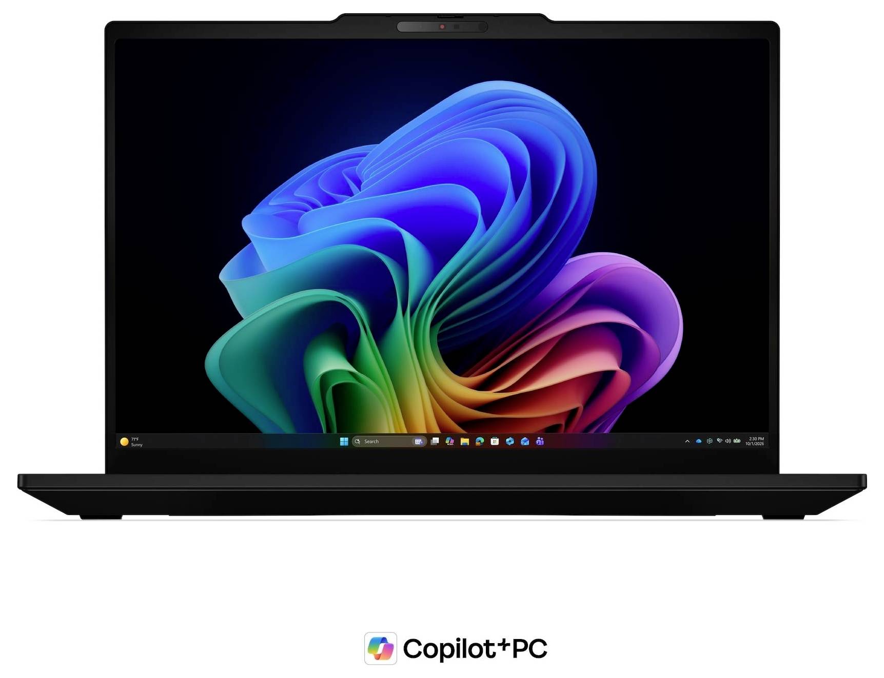 Schwarzer Laptop, der ein farbenfohes abstraktes Windows-ähnliches Wirbel-Hintergrundbild zeigt, mit „Copilot+PC"-Branding darunter.