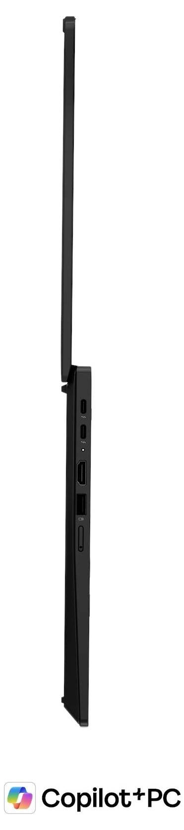 Black laptop shown closed in side view with Copilot+ PC logo beneath it.<br><br>Schwarzer Laptop in geschlossenem Zustand in Seitenansicht mit Copilot+ PC Logo darunter.