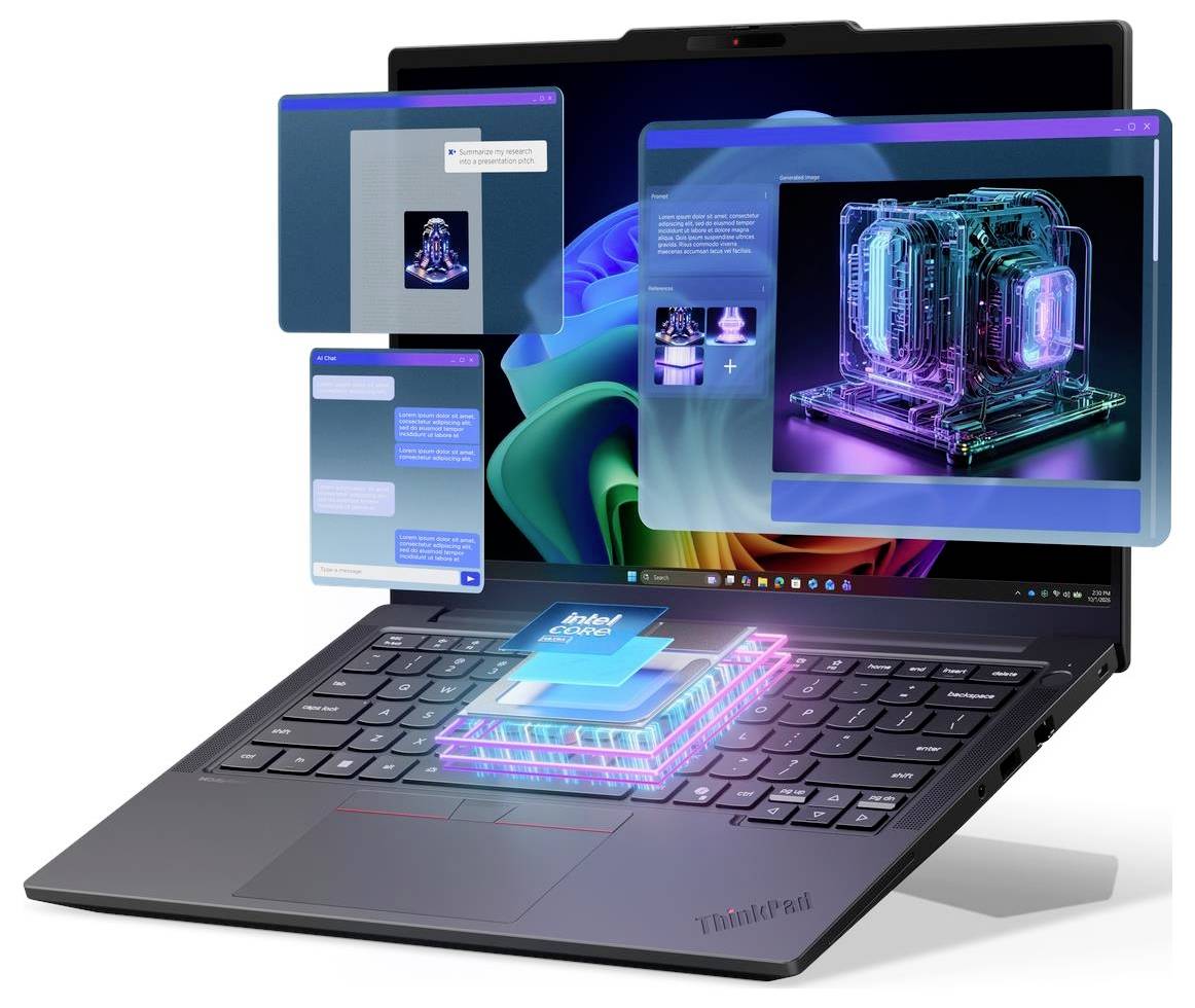 Blauer Lenovo ThinkPad-Laptop mit geöffnetem Windows-Desktop und Copilot+ PC-Logo darunter.