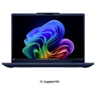 ThinkPad-Laptop mit Windows-Hintergrund und Copilot+ PC-Logo, das darunter angezeigt wird.