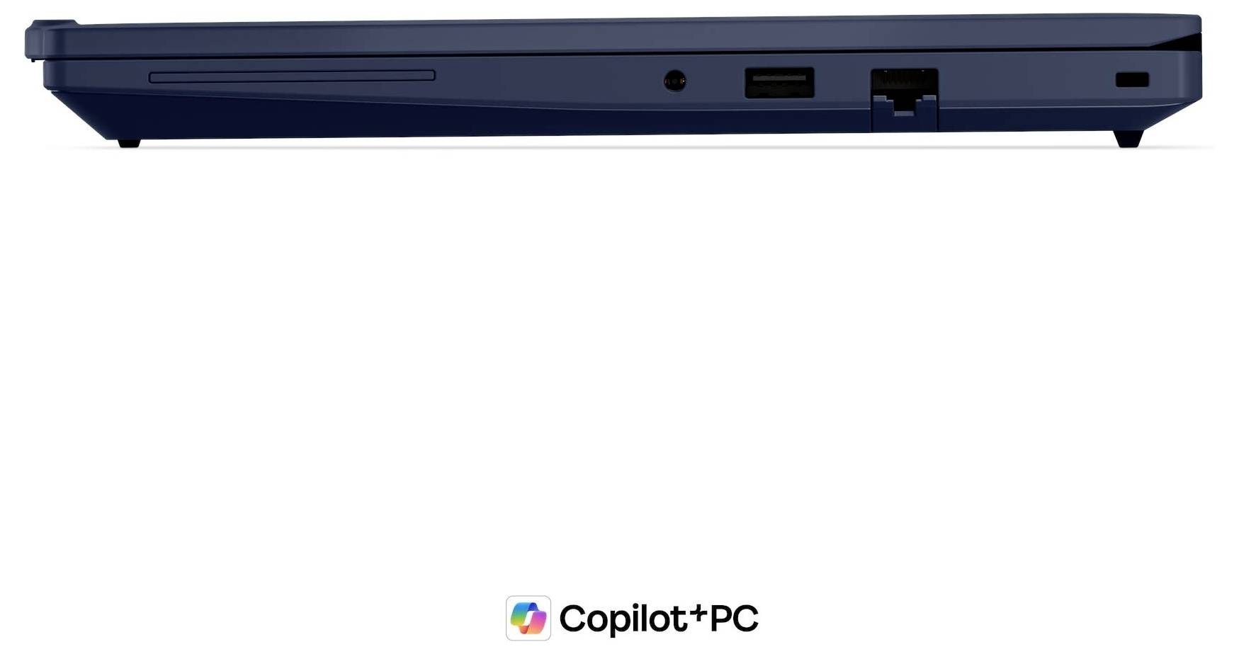 Seitenansicht eines dünnen blauen Laptops, der Anschlüsse entlang der Kante und ein „Copilot+PC"-Logo darunter zeigt.