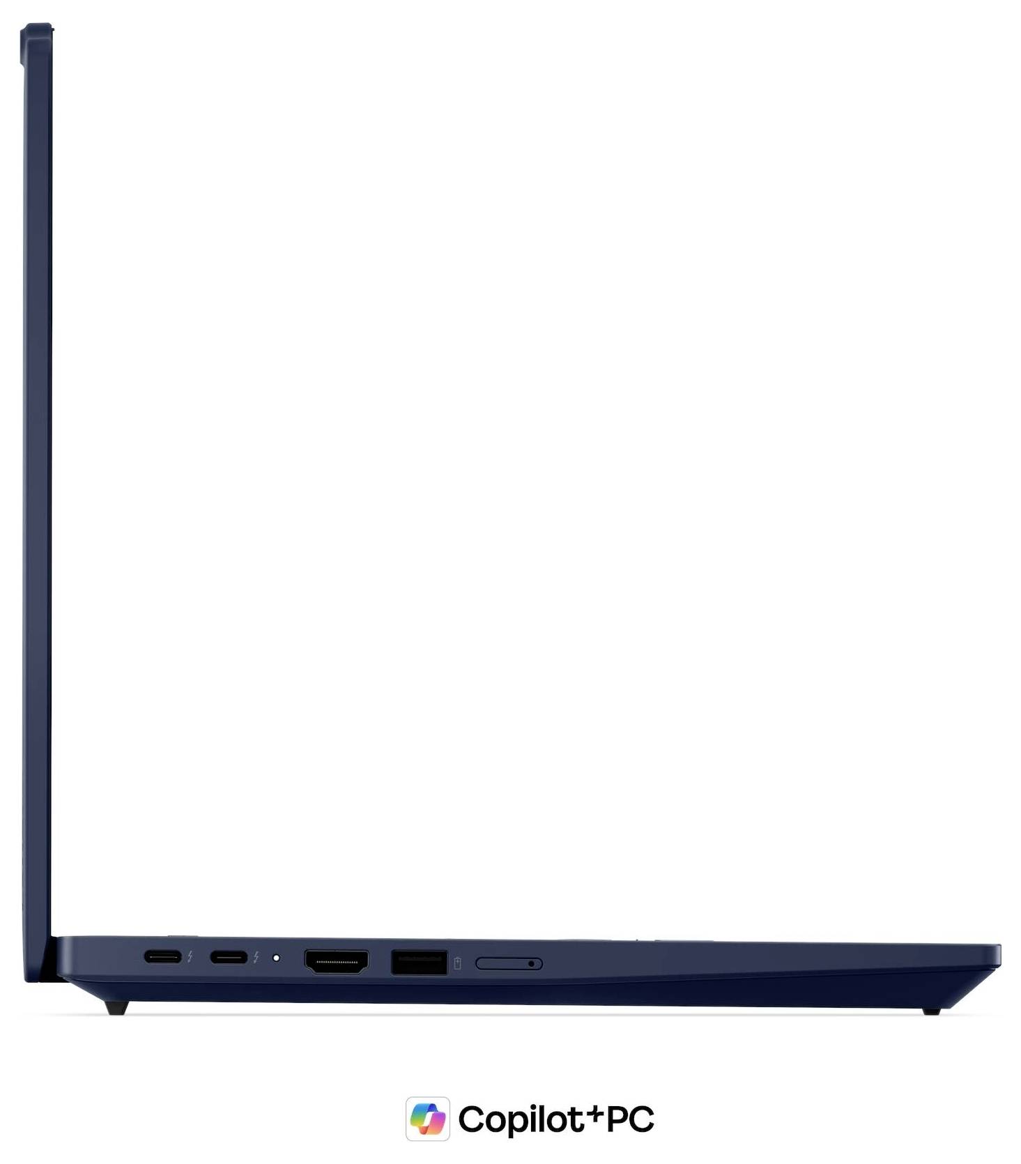 Seitenansicht eines schlanken schwarzen Laptops mit Anschlüssen an der linken Kante und einem zentriert darunter angebrachten Copilot+ PC-Logo.