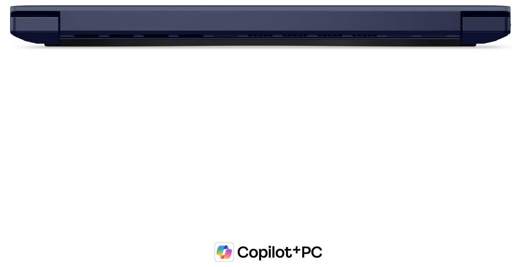 Schwarzer Lenovo ThinkPad-Laptop mit farbenfrohem Windows-Hintergrundbild, Copilot+ PC-Logo darunter und AMD-Logo unten rechts.