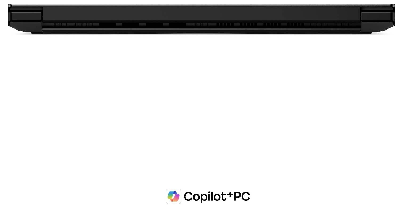 Schwarzer Lenovo-Laptop, teilweise geöffnet, auf weißem Hintergrund mit dem Copilot+ PC-Logo darunter.