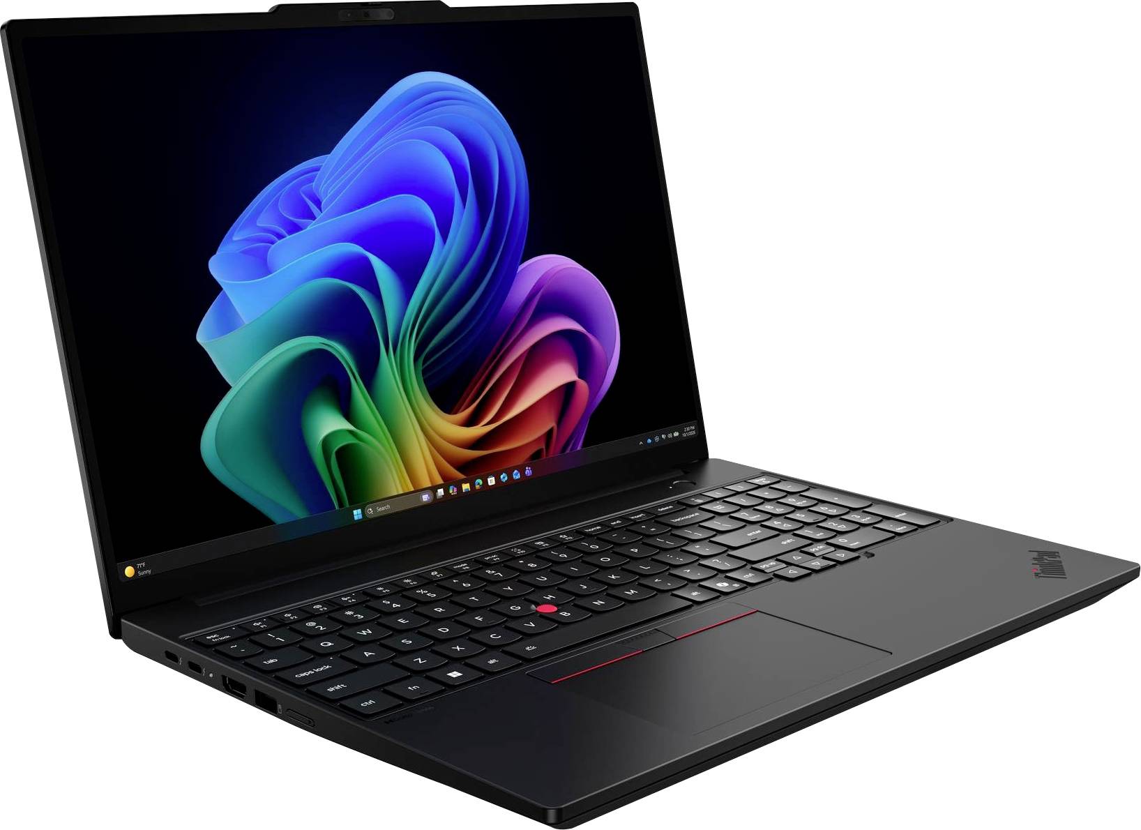 Schwarzer Lenovo ThinkPad Laptop in schräger Position geöffnet, zeigt ein farbiges abstraktes Windows-ähnliches Hintergrundbild auf dem Bildschirm.