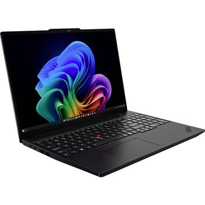 Schwarzer Lenovo ThinkPad Laptop in schräger Position geöffnet, zeigt ein farbiges abstraktes Windows-ähnliches Hintergrundbild auf dem Bildschirm.