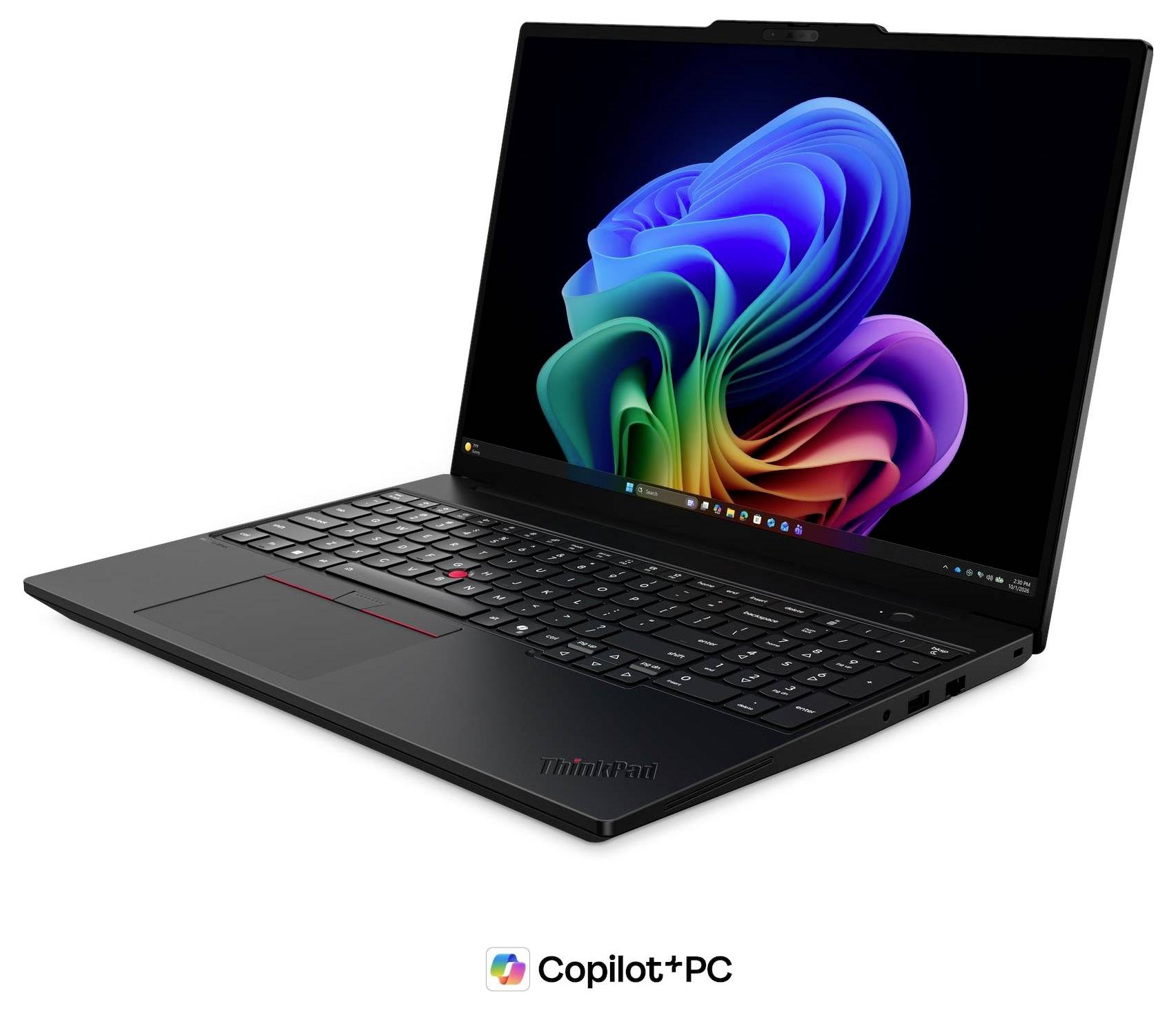 Schwarzer Lenovo ThinkPad-Laptop, aufgeklappt, mit farbenfrohem Windows 11-ähnlichem Bildschirm und 'Copilot+ PC'-Logo darunter.