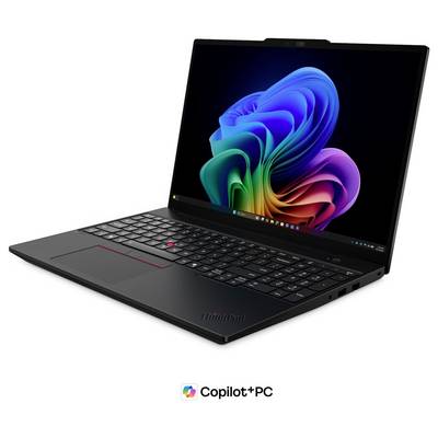 Schwarzer Lenovo ThinkPad-Laptop, aufgeklappt, mit farbenfrohem Windows 11-ähnlichem Bildschirm und 'Copilot+ PC'-Logo darunter.