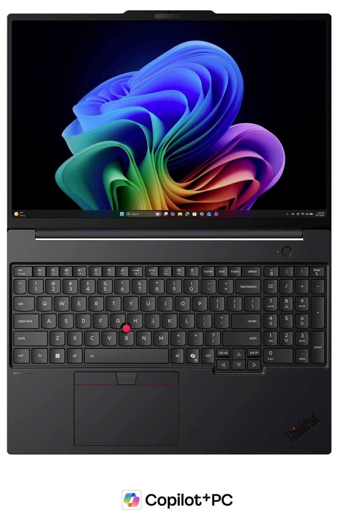 Laptop mit dem Windows 11-Desktop mit einem farbenfrohen abstrakten Hintergrundbild; Das "Copilot+ PC"-Branding wird unter dem Gerät angezeigt.