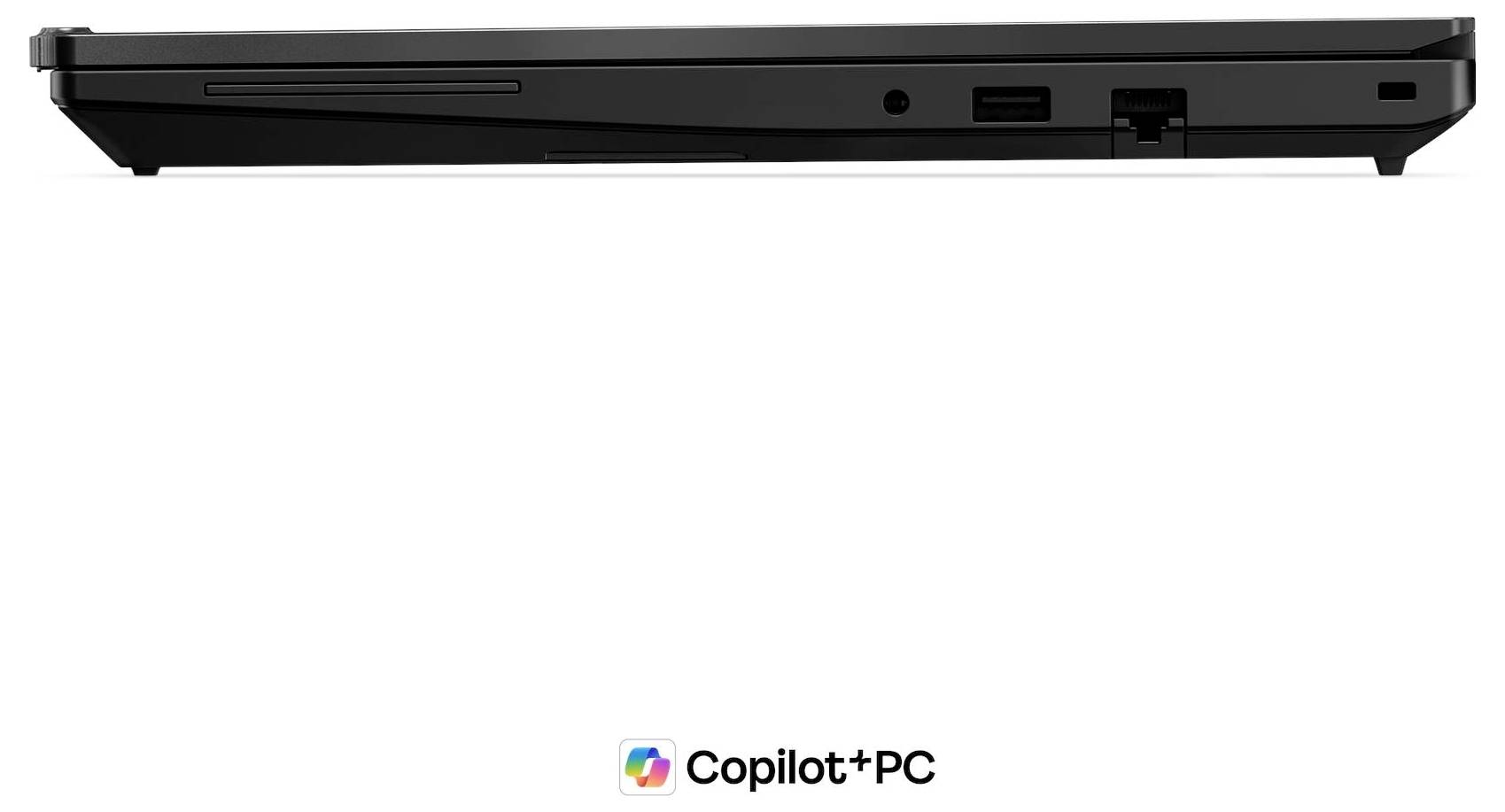 Schwarzer Laptop in Seitenprofilansicht gezeigt, wobei das dünne Design und sichtbare Anschlüsse hervorgehoben werden, mit dem Copilot+ PC-Logo darunter.