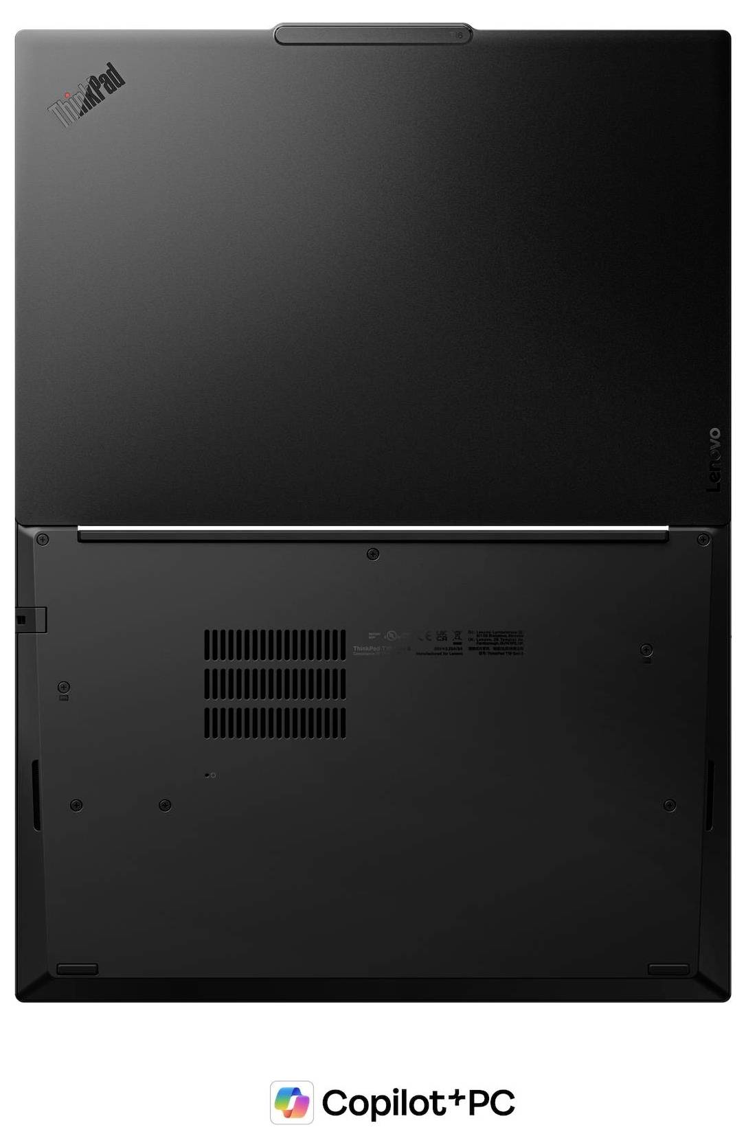 Rückseite eines schwarzen Lenovo-Laptops oder Tablets, die die Rückabdeckung und Anschlüsse zeigt, mit einem „Copilot+ PC"-Logo darunter.