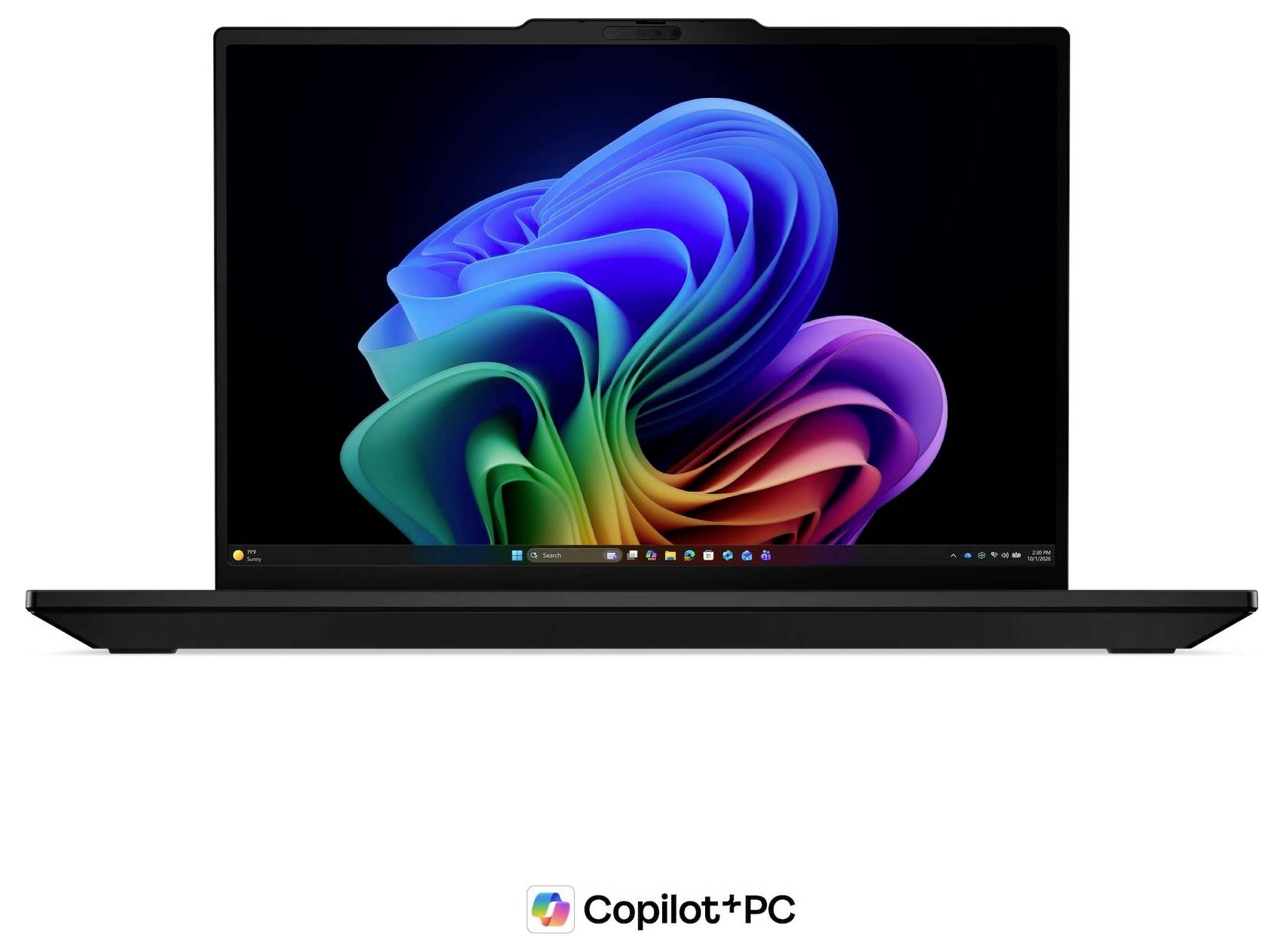 Ein schwarzer Laptop mit einem bunten abstrakten Windows-ähnlichen Hintergrundbild und dem Logo „Copilot+ PC" darunter.