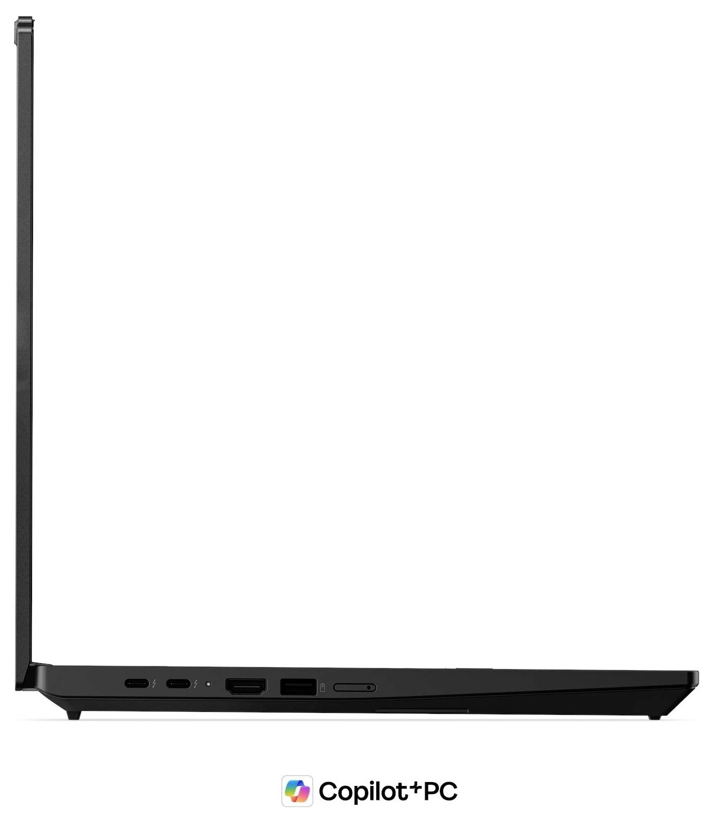 Schwarzer Laptop in Seitenansicht mit vertikal geöffnetem Bildschirm, darunter mit „Copilot+ PC" gekennzeichnet.