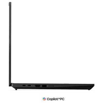 Schwarzer Laptop in Seitenansicht mit vertikal geöffnetem Bildschirm, darunter mit „Copilot+ PC" gekennzeichnet.