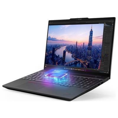 Vorderansicht eines Laptops, auf dem Windows 11 angezeigt wird, mit „Copilot+ PC" und Intel-Branding darunter.