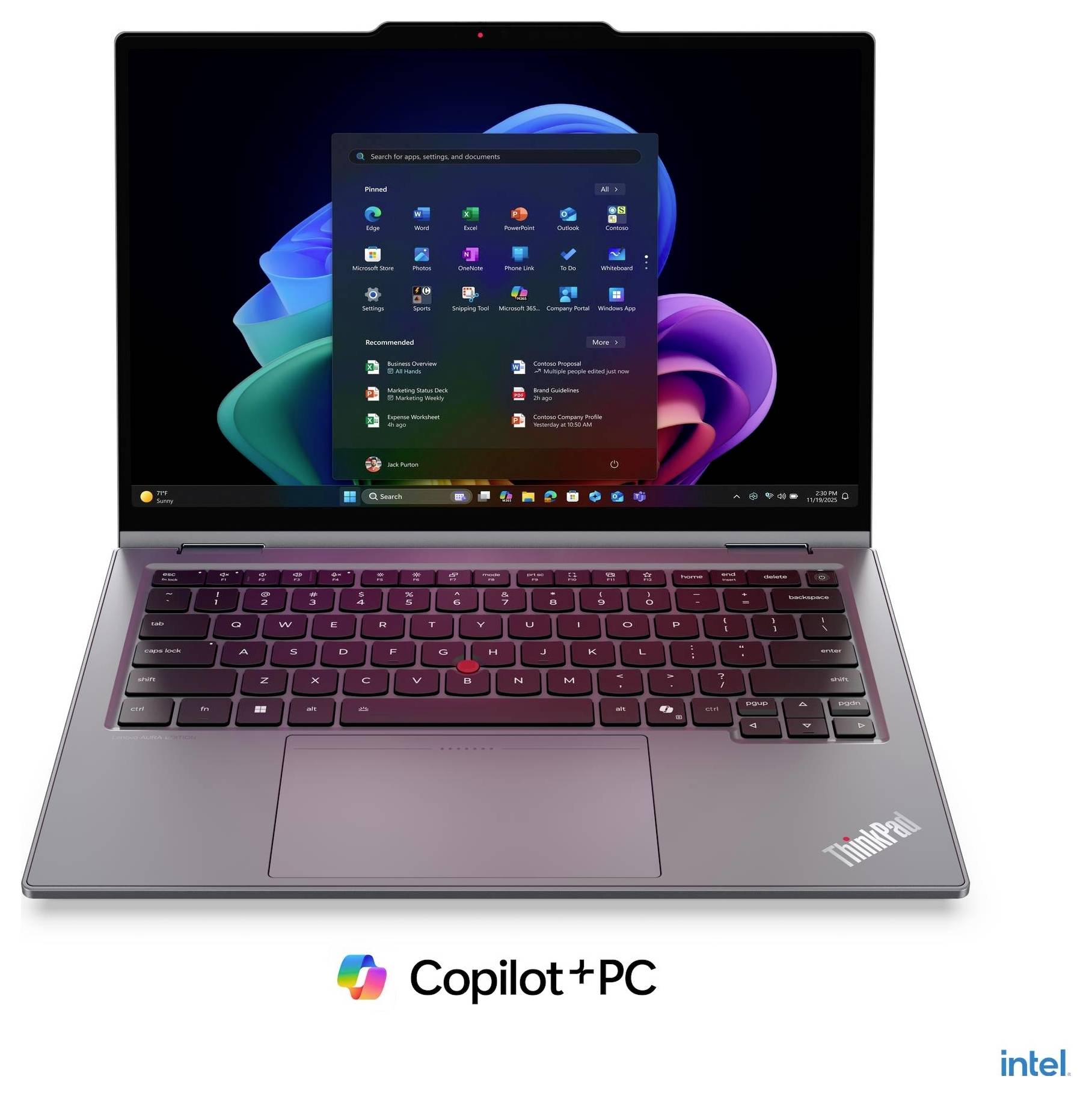 Ein schlanker blauer Laptop in Profilansicht mit einer hohen Antenne, beschriftet mit Copilot+PC.