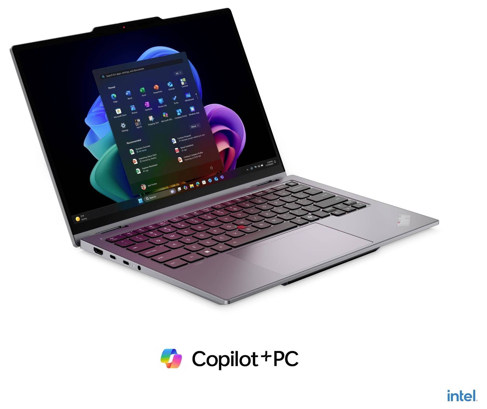 Ein silberner Laptop mit dem Windows-Desktop und dem Startmenü, mit der Bezeichnung „Copilot+ PC" und Intel-Branding darunter.