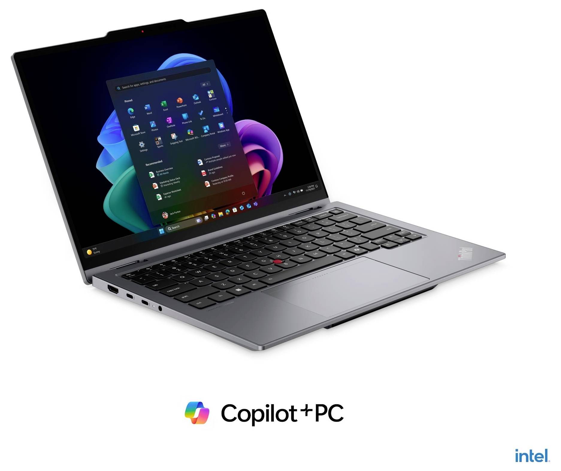 Ein Lenovo-Laptop mit Windows 11 auf dem Bildschirm, dargestellt mit dem Copilot+ PC-Logo und Intel-Branding darunter.