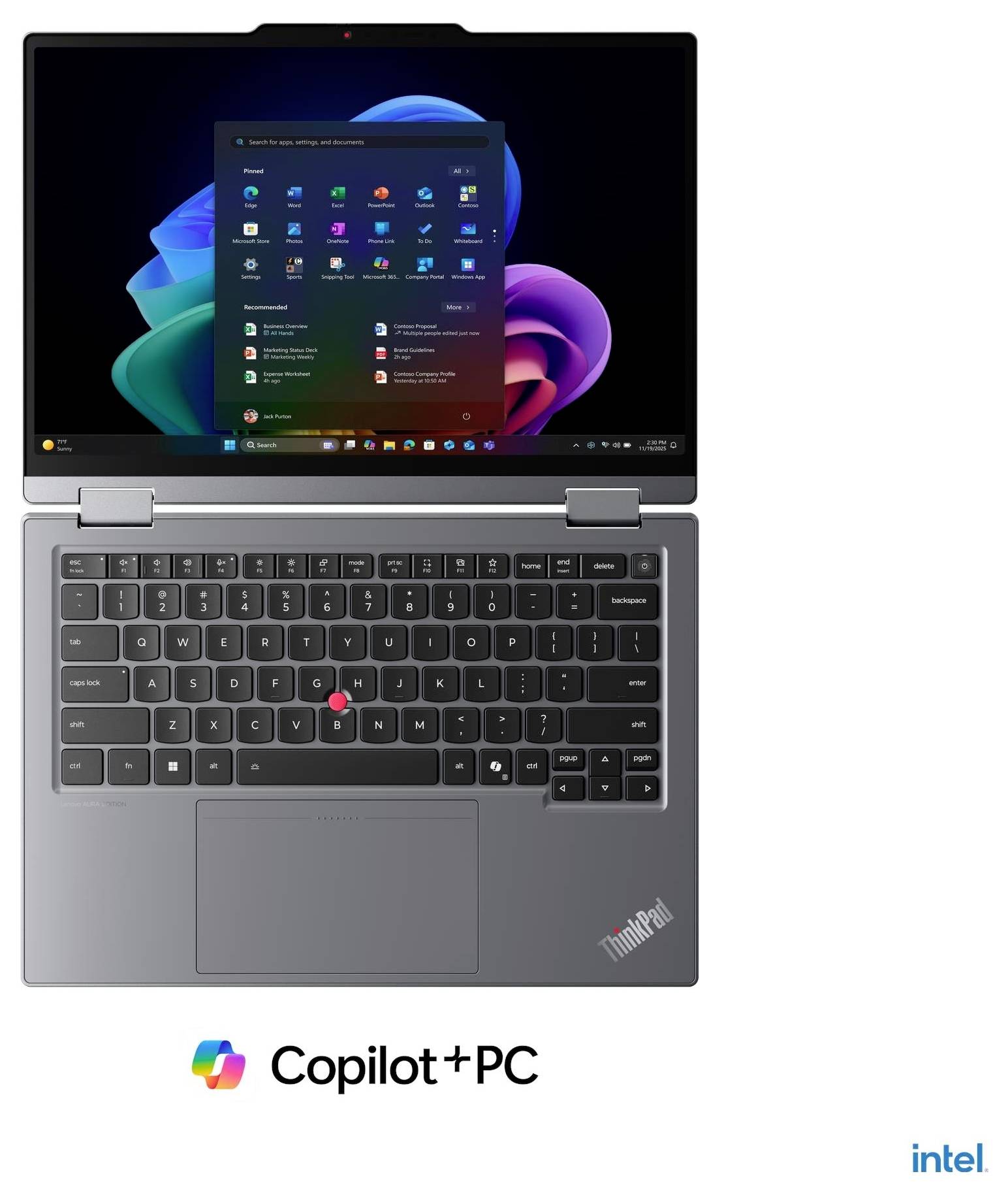 Silberner ThinkPad-Laptop mit Windows 11-Startmenü auf dem Bildschirm, darunter die Logos „Copilot+PC" und Intel.