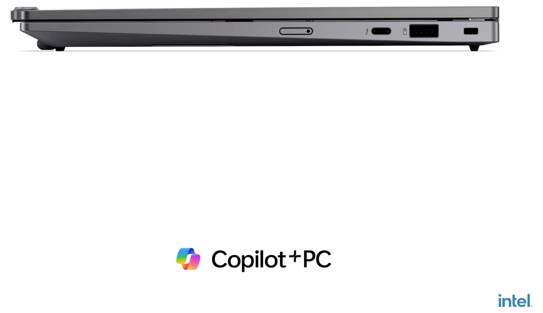 Seitenansicht eines dünnen grauen Laptops; „Copilot+ PC"-Logo zentral darunter und Intel-Logo unten rechts.
