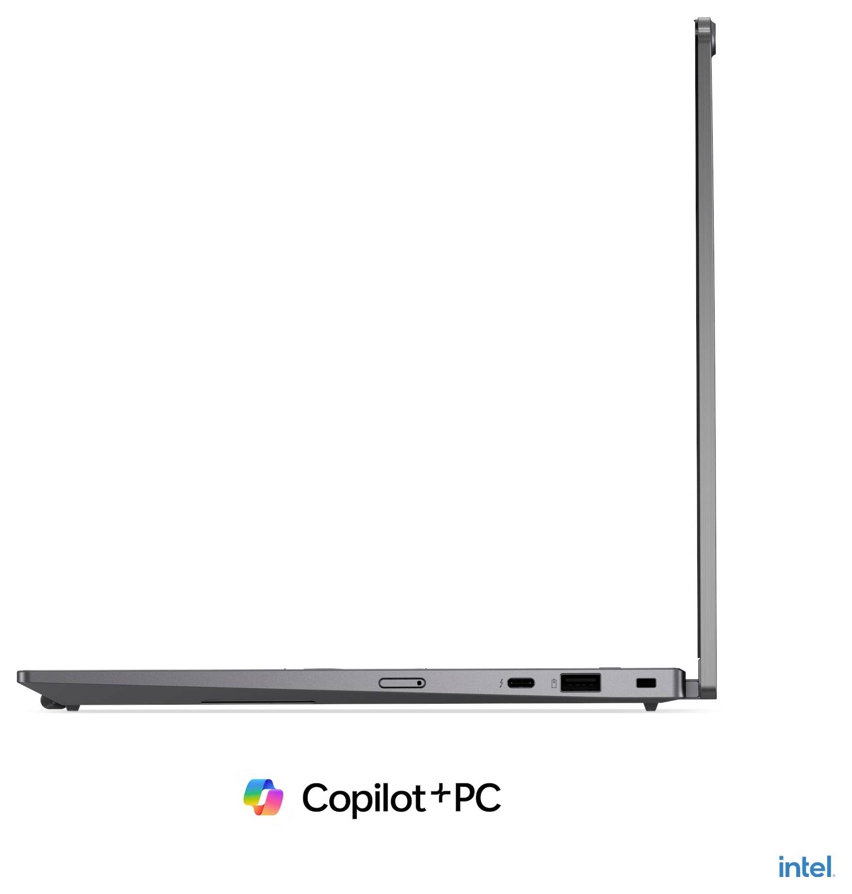 Ein schwarzer Laptop, der den Windows-11-Desktop anzeigt, mit Copilot+ PC und Intel-Logos darunter.