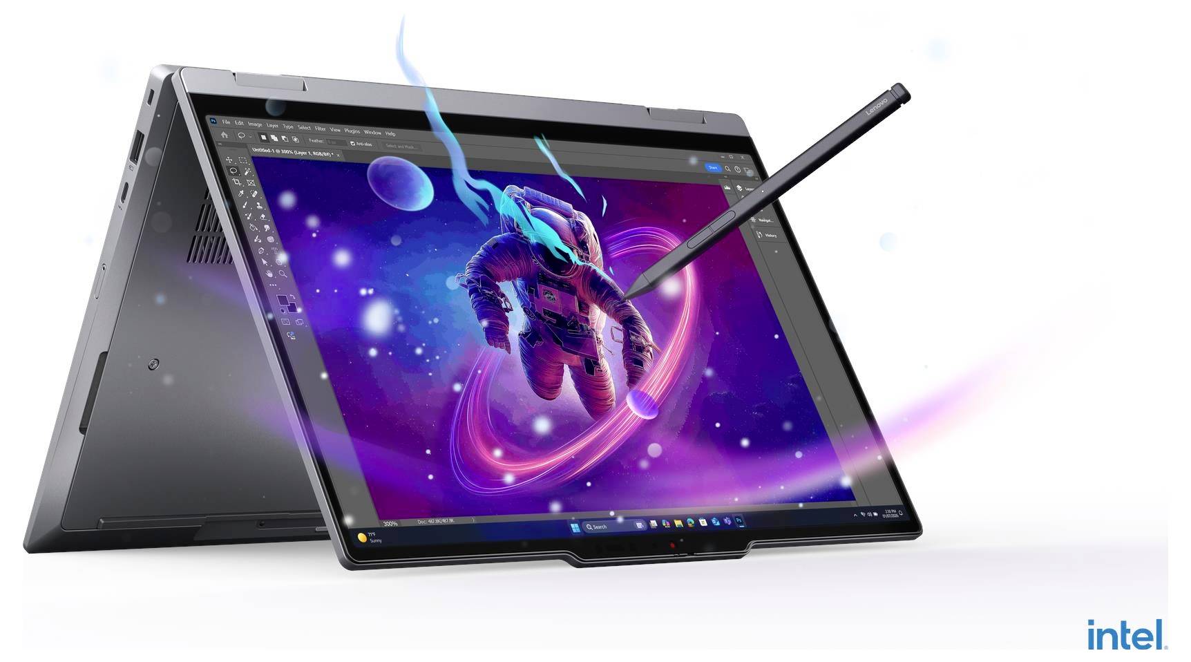 Seitenansicht eines schwarzen Laptops mit "Copilot+PC"- und Intel-Logos darunter, auf weißem Hintergrund dargestellt.