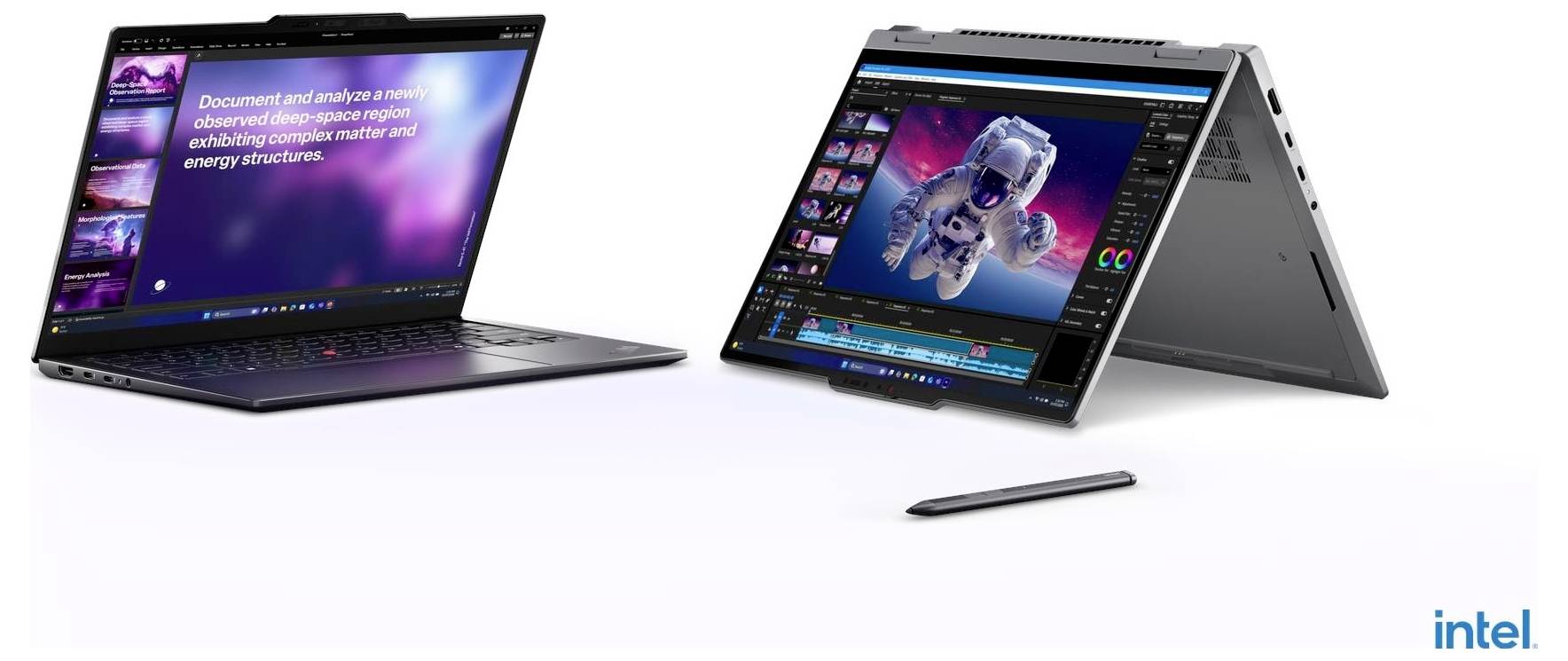 Seitenansicht eines schlanken Laptops in offener Position, darunter das Logo „Copilot+ PC" und das Intel-Logo zu sehen.