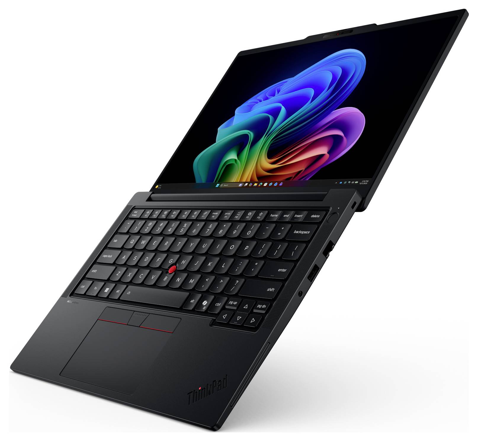 Schwarzer Lenovo ThinkPad-Laptop, leicht geöffnet und im Winkel angezeigt, mit einem farbenfrohen abstrakten Hintergrundbild auf dem Bildschirm.