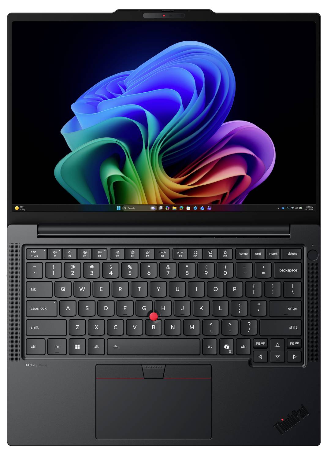 Draufsicht auf einen Lenovo ThinkPad-Laptop mit eingeschaltetem Bildschirm, der eine Windows-11-artige abstrakte blau-, grün- und lila Wirbeltapete zeigt.