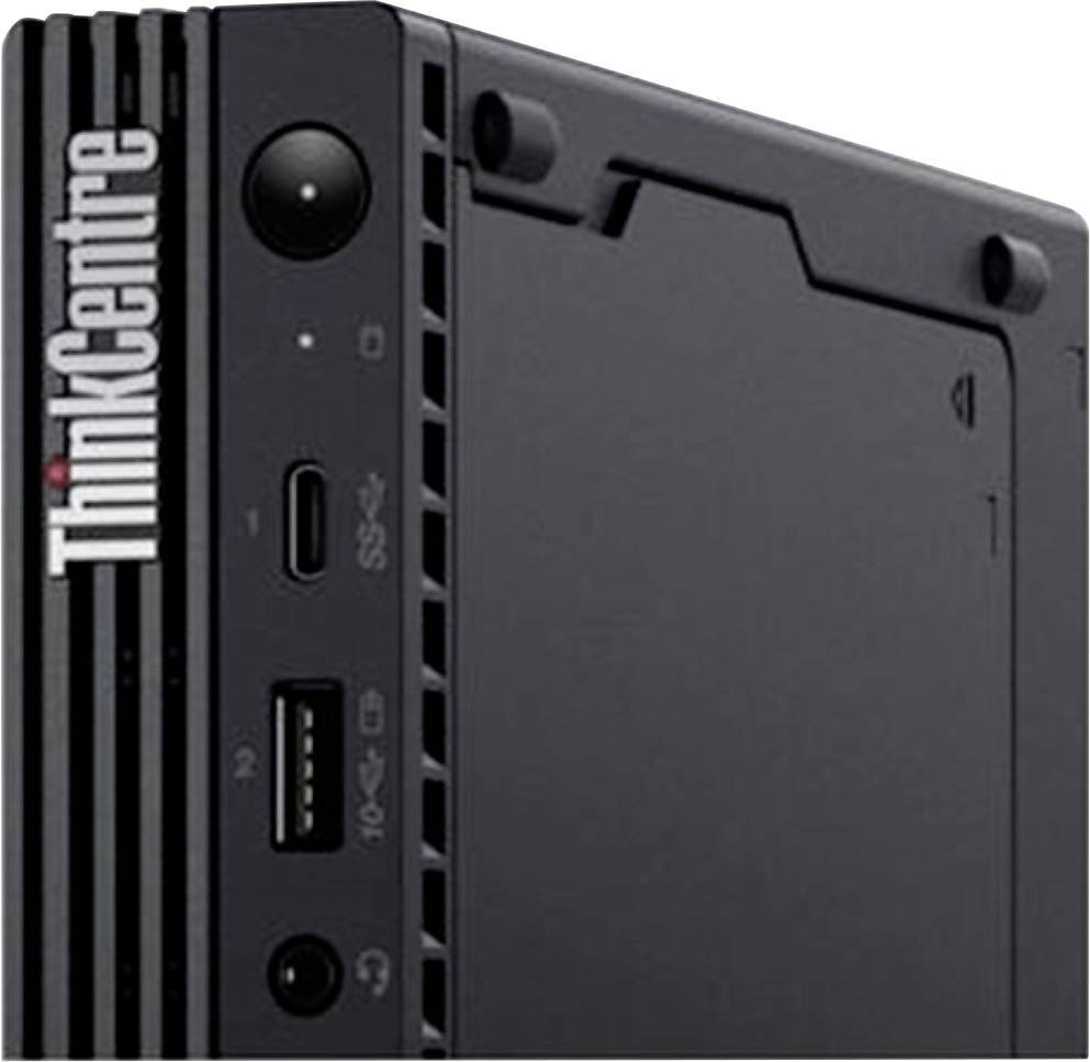 Nahaufnahme der Frontplatte eines ThinkCentre-Desktopcomputers mit Netzschalter, USB-C- und USB-Anschlüssen sowie Audiobuchse.