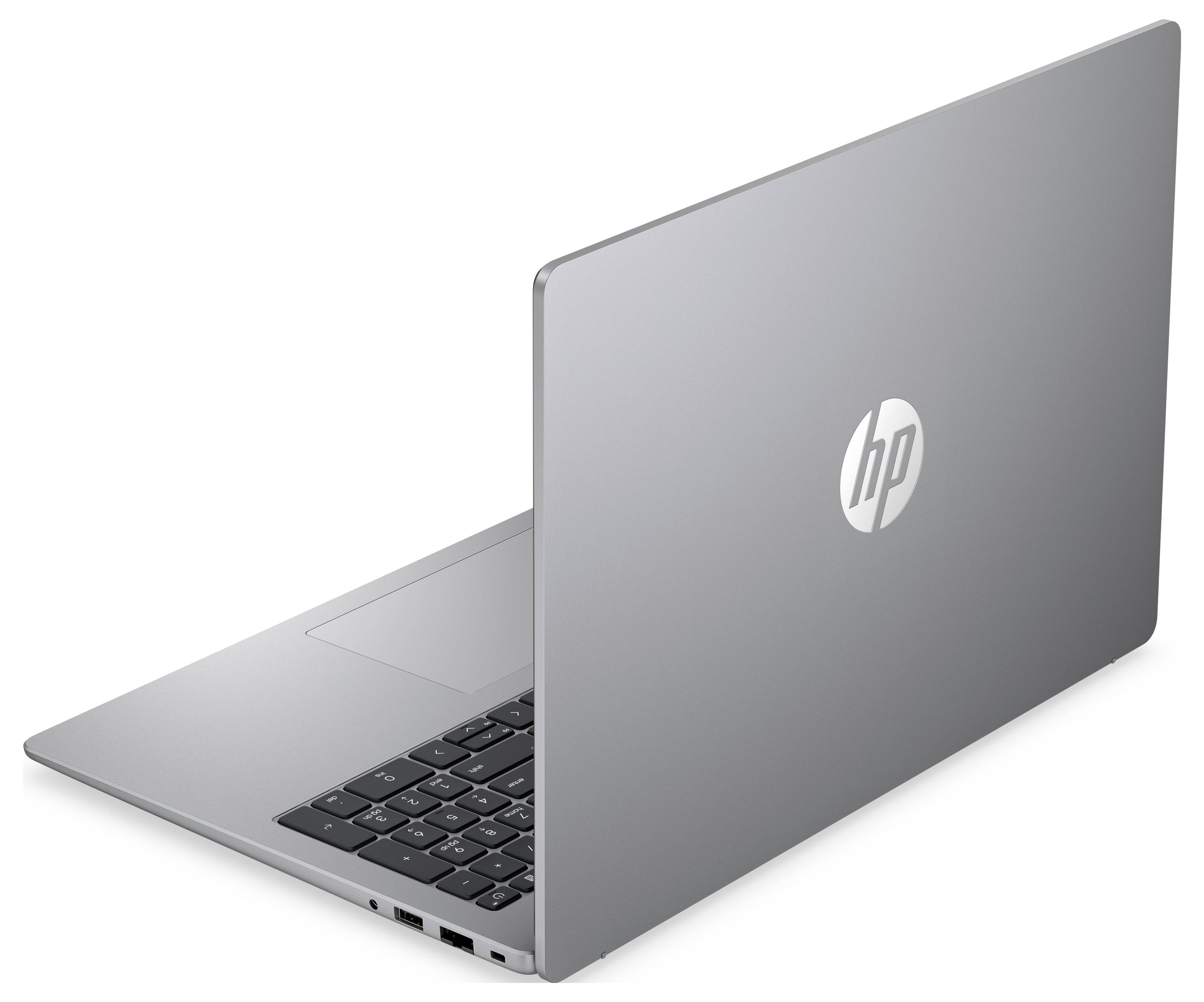 Geschlossener silberner HP-Laptop in einer Schrägansicht gezeigt, mit der teilweise sichtbaren Tastatur und dem Deckel, auf dem das HP-Logo angezeigt wird.