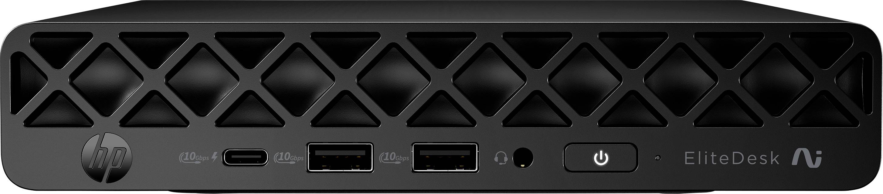 Vorderansicht eines HP EliteDesk Desktop-Computers mit Belüftungsgitter, zwei USB-Anschlüssen, Kopfhörerbuchse, Stromschalter und EliteDesk-Beschriftung.